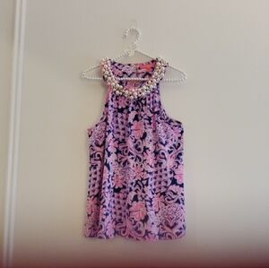 Lilly Pulitzer Women's Pink & Navy Floral Halter with Beaded Neckline